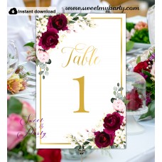 Burgundy Ivory Table Numbers printable template, (124) Burgundy Ivory Table Numbers printable template, (124)